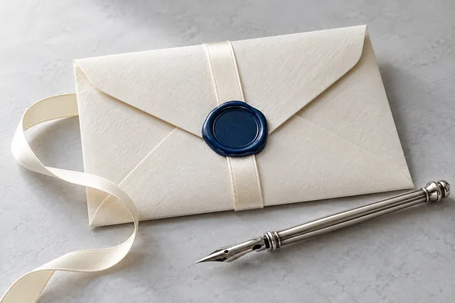 Vikt brev med blått sigill och en silverfärgad penna.